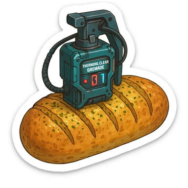 a thermonuclear hand held grenade IED, futuristic cyberpunk. The primed exlosive is garlic bread. small detonator attached to large loaf sticker