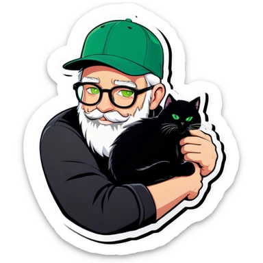 A bold man with a grey baseball cap, green eyes, big beard and glasses hugging a black cat sticker