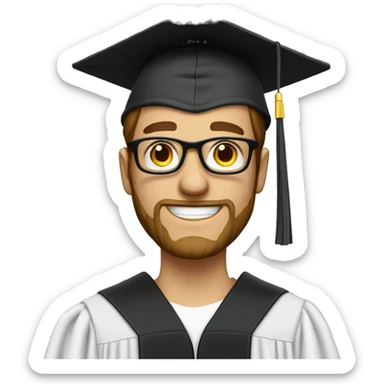 A white male with a beard and glasses who just graduated from high school. He is dressed in a gown and graduation cap. sticker