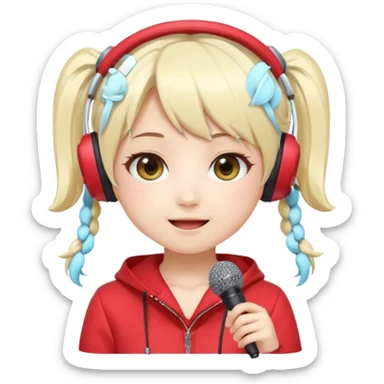 Cute kawaii emoji-style Japanese K-pop singer girl, long platinum blonde hair in twin tails, red outfit, headset mic on cheek, Japanese K-pop idol vibes, big sparkling eyes, chibi proportions, clean lineart, pastel colors, cheerful idol smile, sticker/emoji style, transparent background sticker