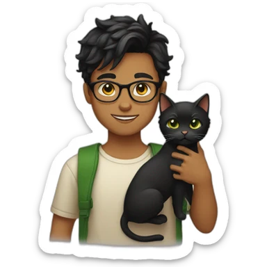 Boy with green eyes, with black short hair, glasses, holds Persian orange cat sticker