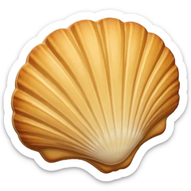A madeleine pastry. Oval seashell shape with ONLY four to five vertical lines going in the same direction. Light golden brown. Scalloped edge. Cookie. Flat. Long. Oval shape. Lets scallops. Only four or five scalloped lines. Oblong shape. More length. Less roundness. sticker