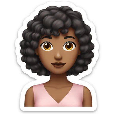 White woman with long black curly hair and bangs and dark brown eyes, wearing a pastel pink dress sticker