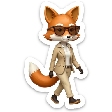 serious anthropomorphised female fox in stylish casual outfit with sunglasses, walking with confidence, full-body sticker