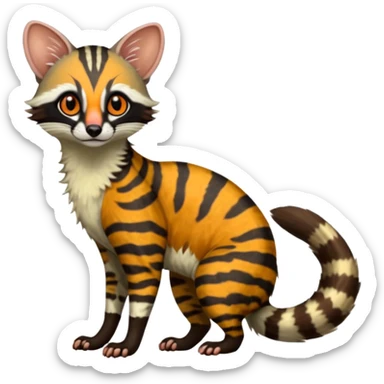 Feral Rare Fantasy shaded detailed colorful Genet-Trico-Civet-Cacomistle-Margay-species by LiLaiRa,, with white stripes with dark-blackish points, white belly, random markings, tufted tail, tufted ears, full body sticker