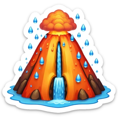 A cute, round emoji-style volcano with a smooth, simplified shape and soft shading. 
Instead of lava, the volcano erupts with colorful water droplets that pop upward in playful arcs. 
 sticker