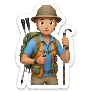 A rugged hiker adjusting hiking poles while preparing for a trek.


 sticker