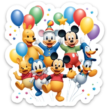 A colorful, playful close-up collage of classic cartoon characters like Goofy, Mickey Mouse, Donald Duck, Winnie-the-Pooh, and others. Bright, vibrant colors with cheerful expressions and fun elements like balloons and stars. Whimsical and nostalgic style. Transparent background. sticker
