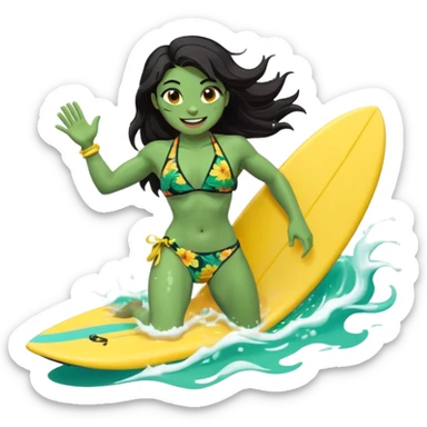ork female holding small yellow bodyboard, running through shallow turquoise waves, muscular green body, bright floral bikini, fierce joyful grin showing tusks, long wet dark hair splashing, foam and spray, minimalist beach and ocean background, centered emoji, vibrant summer colors, sticker style sticker