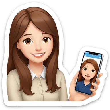 Girl with long brown hair talking to her boyfriend on video call, smiling sweetly elegant cute delicate  sticker