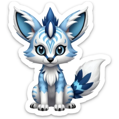 Futuristic furry fluffy floofy feathery tribal marked Genet-Absol-Kyurem-Zeraora-Primagen-fusion-creature  with big wide ears  sticker