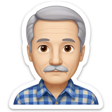 Senior Hispanic man with light complexion. Elongated face with wise expression. Relaxed brown eyes with gentle gaze. Thin eyebrows. White mustache connected to chin beard. Gray-white straight hair swept back. Wearing a beige and blue plaid long-sleeved shirt. sticker