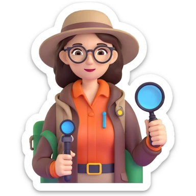 Curious professional woman explorer with glasses, modern outdoor equipment, single magnifying glass, stylized 3d look sticker