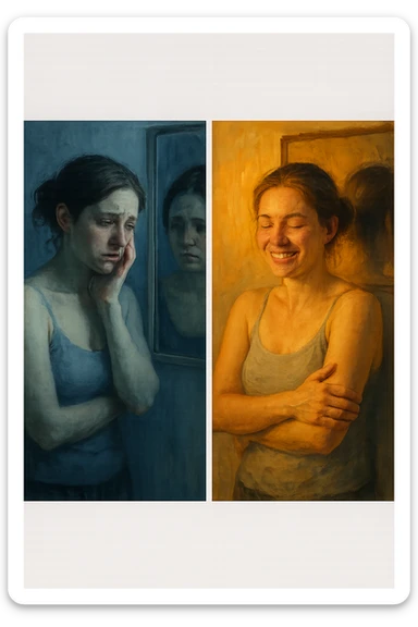 prima parte mostra donna con espressione triste che si guarda allo specchio, anatomia realistica, seconda parte la stessa donna che sorride accettando se stessa, stessa fisicità ma atteggiamento trasformato, illuminazione che passa da fredda a calda, metafora visiva dell'auto-accettazione, stile artistico contemporaneo sticker