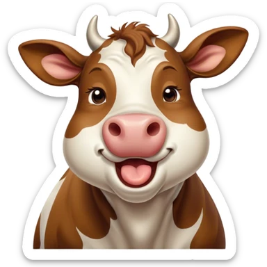 Cinematic Cute Yawning Brown and White Cow Portrait Emoji, Head tilted slightly with a dramatic, wide-open yawn, showcasing a smooth, patterned hide of brown and white, floppy ears slightly drooping, round brown eyes barely open in drowsy contentment, Simplified yet irresistibly adorable features, highly detailed, glowing with a soft, cozy glow, high shine, relaxed yet expressive, stylized with a touch of pastoral whimsy, bright and endearing, soft glowing outline, capturing the essence of a sleepy yet affectionate cow, so drowsy it feels like it could amble out of the screen and curl up for a nap! sticker