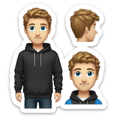 a 21 year old white boy with blue eyes, brown hair, with a taper fade and a black hoodie sticker