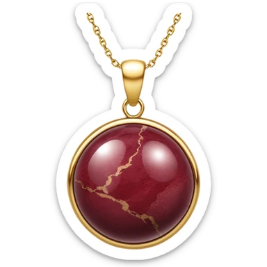 A polished round ball wine granite pendant suspended from a delicate gold chain, like a drop of enchanted starlight, glowing with the warmth of passion and the quiet power of transformation ethereal sticker