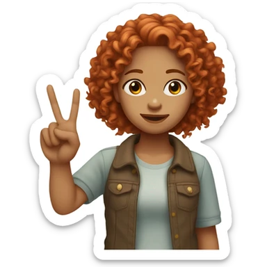 A curly red headed girl light skin with long hair and a middle part doing a peace sign with her hands sticker