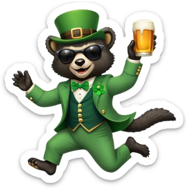 friendly anthropomorphised honey badger in a classic leprechaun suit with shamrock accessories, wearing sunglasses, jumping, St. Patrick's Day, no beer sticker