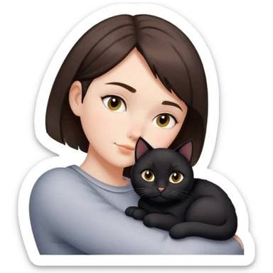 While girl with short brunette hair snuggling black cat sticker
