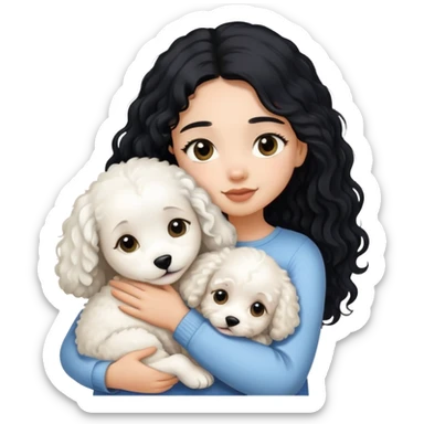 A girl with long straight black hair hugs a white curly-haired puppy sticker