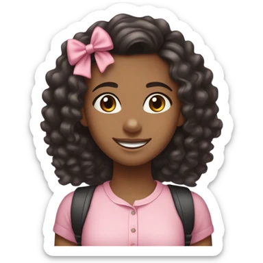 Light Brown Skin Girl, curly black hair, braces, smiling, bow and pink shirt sticker