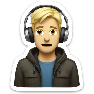 a blonde man listening to music with a sad face sticker