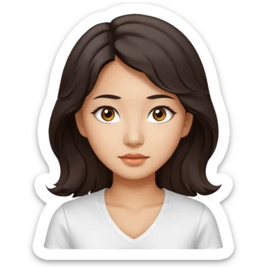 iOS style emoji. A girl with very long dark brown wavy hair. And the eyes color is dark brown. And she is wearing white t shirt with V kneck. And she is 30. She is Asian with double eyelids  sticker