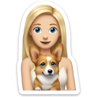 a girl with long blonde hair, she has blue eyes and a narrow nose and in her hands is a dog corgi sticker