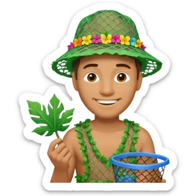 Hawaiian man with leaf hat and big trash net and colorful cloth sticker