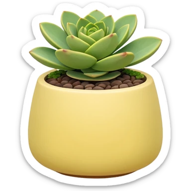 A pastel yellow ceramic pot in a geometric shape. The pot is shallow and contains a sedum succulent. sticker