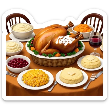 Thanksgiving Dinner with 6 friends of all different races around the table; have the food be a cooked turkey, mashed potatoes, corn, a basket of biscuits, a small bowl of cranberry sauce, baked yams, steamed vegetables, and a bottle of wine. sticker