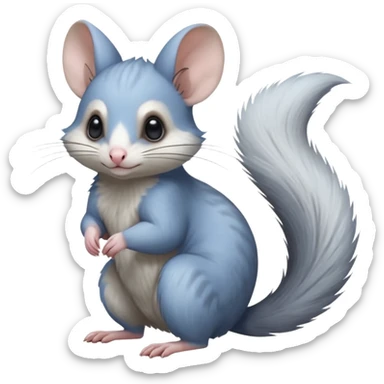 Blue-pointed, grey, soft natural realistic romantic vintage antique divine beautiful elegant pretty precious cute young youthful  Fakémon-Pokémon-alien-opossum-squirrel-feline-chinchilla-Minccino-Cinccino-Meowstic-rodent-hybrid-creature with a big fluffy bushy tail (full body) sticker
