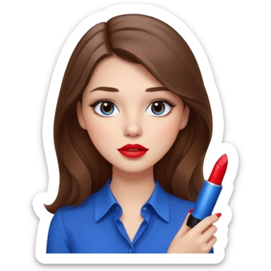 Crea una chica con cabello largo color castaño y ojos cafés claro que tenga blusa moderna color azul y que esté sujetando un labial moderno color rojo y con maquillaje sticker