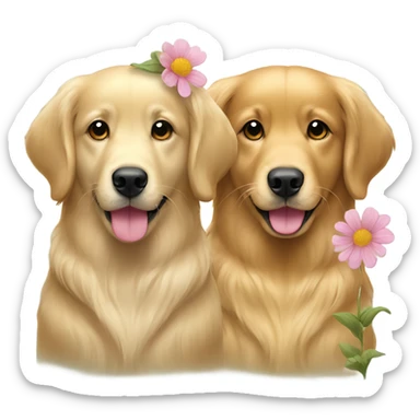 Two golden retriever girl dogs with flowers. One is lighter and one is darker sticker