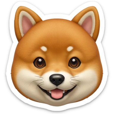 Head of a Shiba Inu dog, in orange-brown fur with white muzzle and cheeks, round face, big black eyes, perky ears, grinning with closed mouth, no tongue, front-facing, glossy texture, soft shadows
 sticker