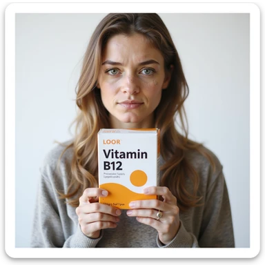woman with vitamin B12 deficiency holding a box of vitamin B12 supplements, expression of hope but visibly exhausted, pale skin, dark circles, hyperrealistic 4K details, vertical 9:16, white background sticker