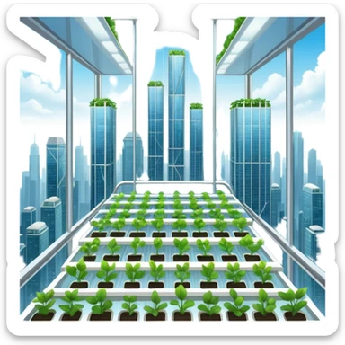 Vertical farm inside a towering skyscraper, with various crops growing in a hydroponic system under LED lights, viewed through a large window overlooking a futuristic city. sticker