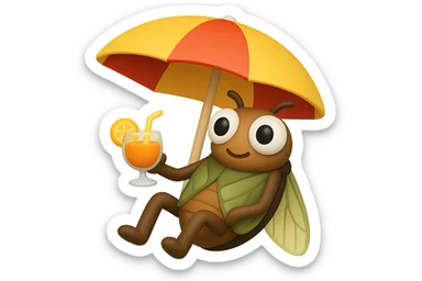 EMOJI STILE IPHONE 3D DI UNA CICALA CHE STA RILASSATA SEDUTA SOTTO L'OMBRELLONE IN SPIAGGIA CON UN COCKTAIL IN MANO, FAGLI GLI OCCHI CON LA PARTE BIANCA, NON SOLO LA PUPILLA sticker