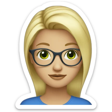 Create a green-eyed blonde girl with glasses and a blue top sticker