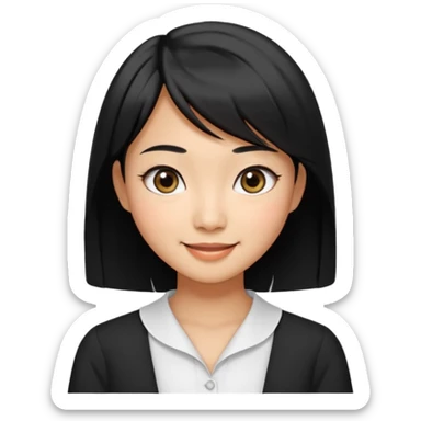 30 yr old asian woman center parted hair big eyes big smile tanned skin straight black hair hippie part hair white blouse shoulder length hair middle parted hair few short bangs at front sticker