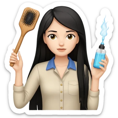 A white woman with long, straight black hair, wearing an ivory-colored shirt, holding a small square wooden paddle hairbrush in her left hand and spraying a hair mist bottle with her right hand toward her hair. sticker