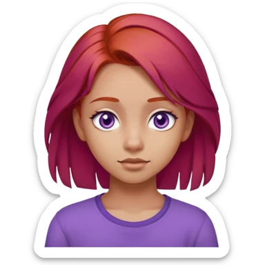 A girl with red hair, purple eyes, and a wheatish complexion looks like a teenager.Her hair is soft and reaches her shoulders.  sticker