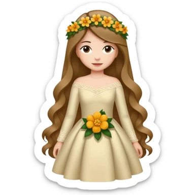 Chica blanca, cabello castaño, recogido en moño alto con mechones, vestido novia de manga larga, cuerpo entero, ramo de flores en una mano sticker