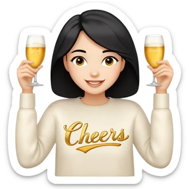 A woman with shoulder-length black hair, light to medium skin tone, full cheeks, and almond-shaped eyes, wearing a white sweater with the word 'cheers' in gold script, lying comfortably on a bed with soft lighting, joyful and radiant expression, emoji style, no drinks. sticker