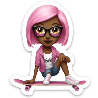 face of girlboss with pink nails in black glasses on a skateboard sticker