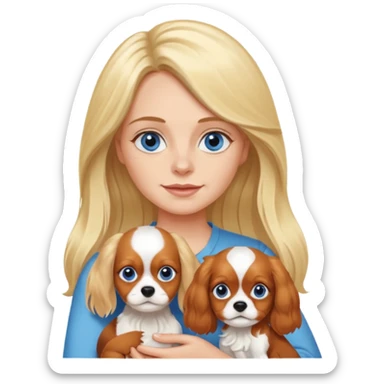 Blond Mom with a little blue eyed girl with long blonde hair  and with tricolora cavalier charles spaniel  sticker