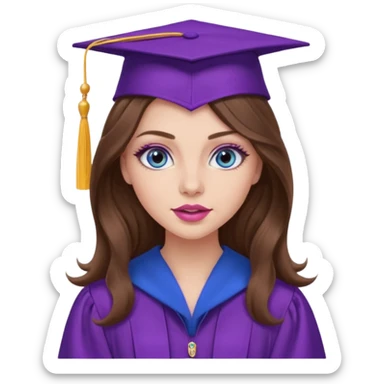 girl with long wavy brown hair, blue eyes, long lashes makeup, sexy pink lips, wearing a purple graduation cap and gown sticker