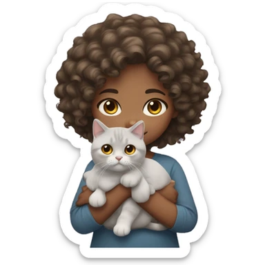Curly hair girl with brown eyes holding british shorthair cat sticker