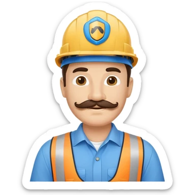 Business owner, well dressed, blue shirt, mustache, construction protection hat, happy sticker
